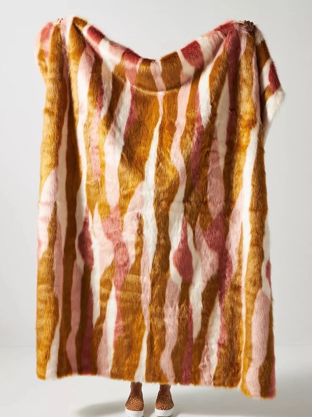 Anthropologie Fauna Faux Fur Throw Blanket in Pink and Gold